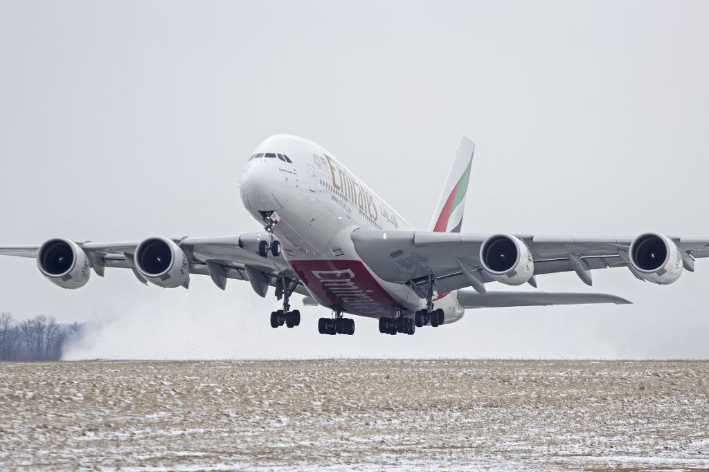 airbus a380 emirates takeoff snow